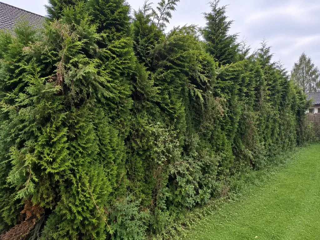 Haie de thuyas trop haute et irrégulière à Cergy avant taille