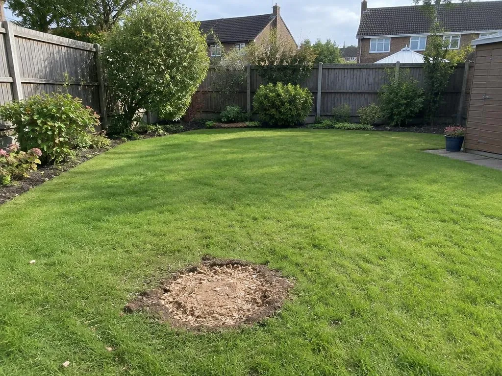 Jardin dégagé avec souche rognée après abattage dans le Val-d'Oise