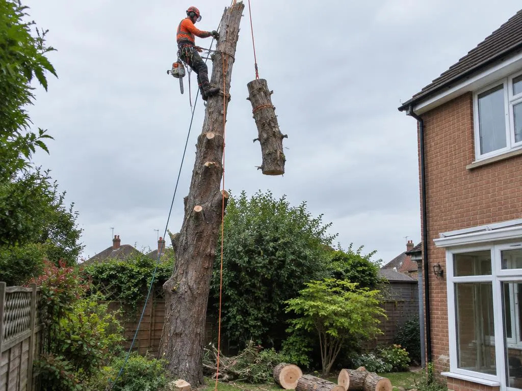 Abattage par démontage d'un arbre mort près d'une maison dans le Val-d'Oise