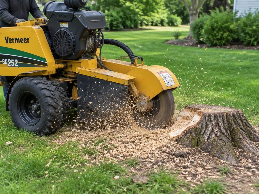 Rognage d'une souche d'arbre dans une pelouse à Osny