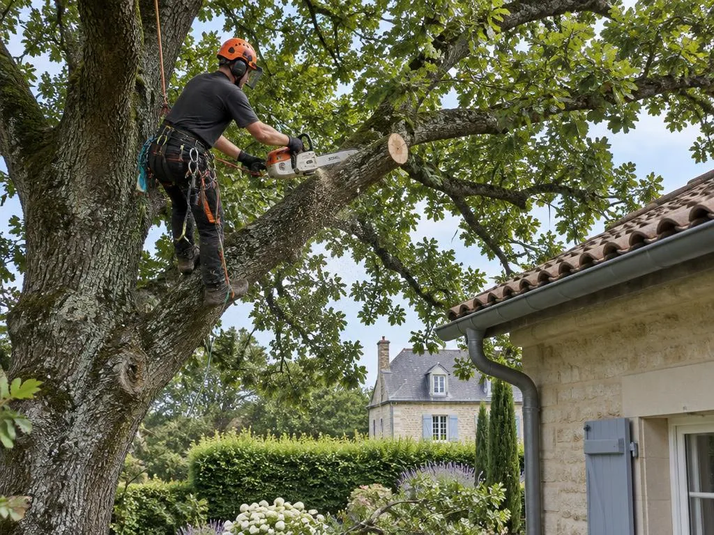 Élagage d'un chêne près d'une toiture dans un jardin à Pontoise