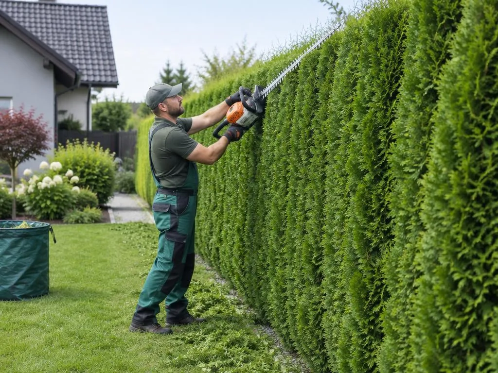 Taille d'une haie de thuyas dans un jardin de particulier à Cergy