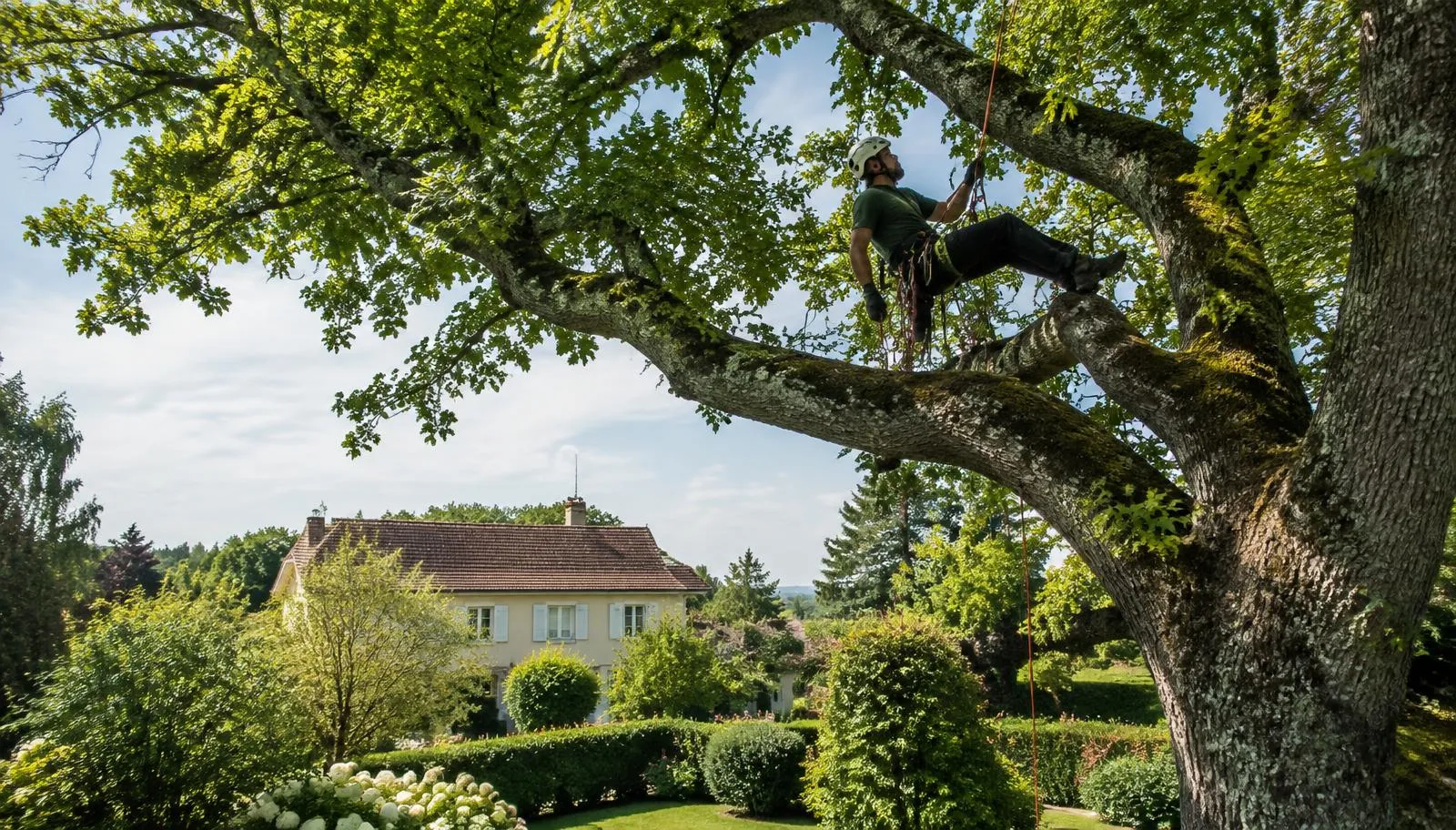 Élagueur professionnel encordé dans un grand chêne à Pontoise